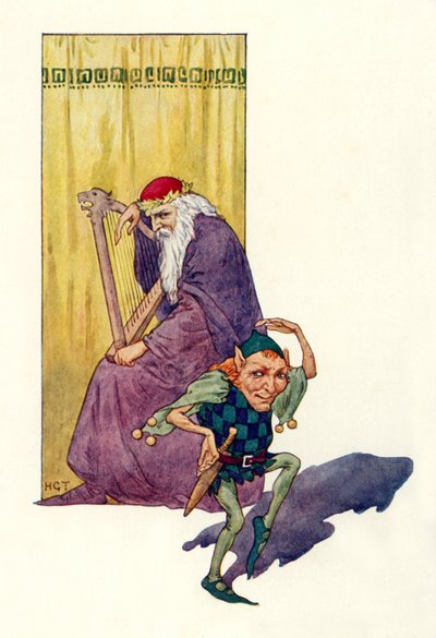 Juglares y enanos entretienen al rey (litografía en color) de Harry George Theaker