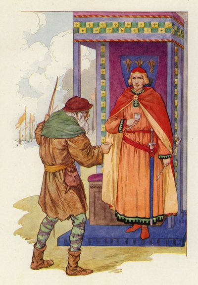 "Anciano", dijo el conde Juan, "ojalá me hubieran cortado esa mano derecha tuya antes que llevarte este premio" (litografía en color). de Harry George Theaker
