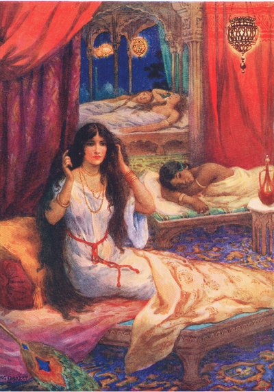 Pabhavati se despertó sobresaltada. Del Príncipe de Corazón Duro, ilustración de "Cuentos infantiles de leyendas indias", c.1930 (litografía en color). de Harry George Theaker