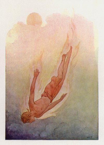 Faetón con el pelo en llamas, cayendo en un río profundo y fresco (litografía en color) de Harry George Theaker