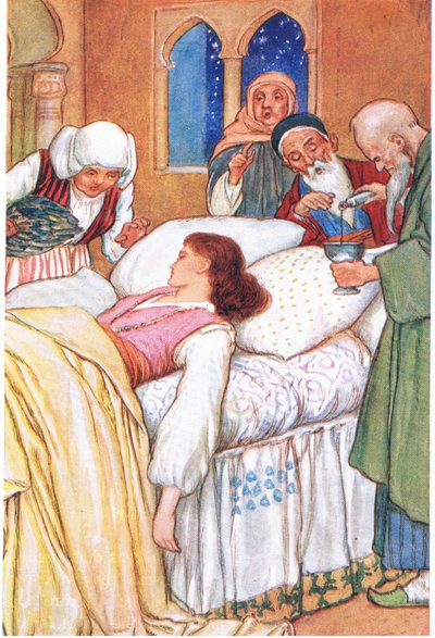 La princesa Aldebonda y sus médicos (del cuento "Los peregrinos del amor"), ilustración de "Cuentos de la Alhambra", c.1940 (litografía en color). de Harry George Theaker