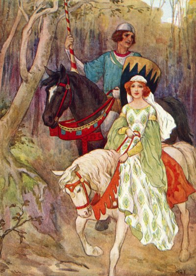 La princesa Olwen acompañada del príncipe cerdito (litografía en color) de Harry George Theaker
