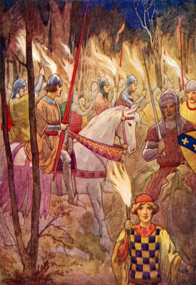 Procesión de caballeros con antorchas (litografía en color) de Harry George Theaker