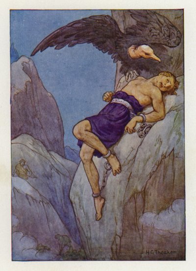 Prometeo encadenado a una roca (litografía en color) de Harry George Theaker