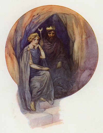Proserpina sentada, vestida con largos ropajes negros, en un gran trono negro con el feroz Rey negro a su lado (litografía en color). de Harry George Theaker
