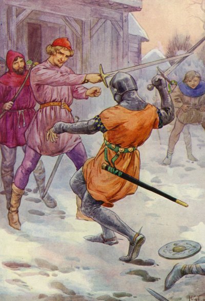 Robin saltó a su alrededor y golpeó donde quiso (litografía en color) de Harry George Theaker