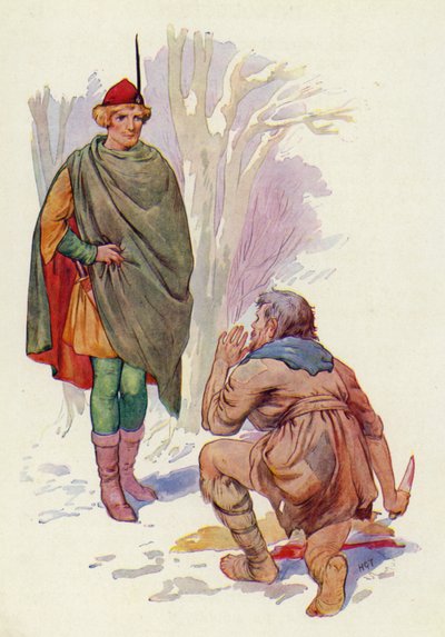 Sebald se enfrentó a él con el cuchillo en alto y el terror en su rostro demacrado (litografía en color) de Harry George Theaker