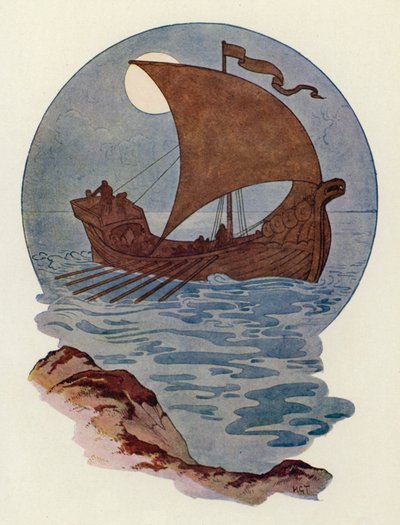 Fue construido como un barco de guerra nórdico (litografía en color) de Harry George Theaker