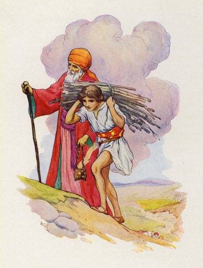 Abraham e Isaac subieron uno al lado del otro por el empinado sendero (litografía en color) de Harry George Theaker
