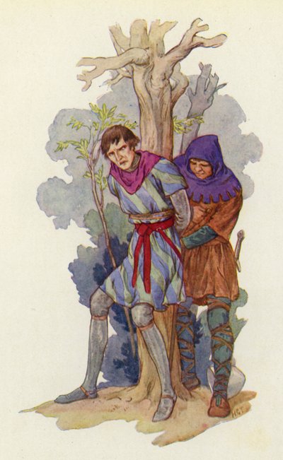 "Quítale esa olla de hierro de la cabeza", gritó Robin, "y átalo a un árbol" (litografía en color) de Harry George Theaker