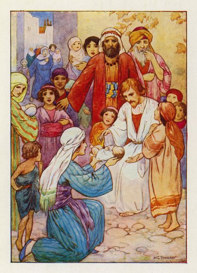 "Dejad que los niños vengan a mí" (litografía en color) de Harry George Theaker