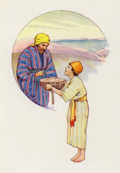"Dile al Maestro que se quede con todo esto", gritó el niño (litografía en color). de Harry George Theaker