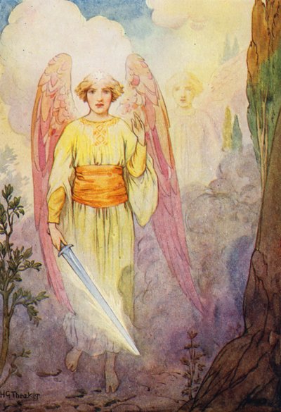 El ángel de la espada flamígera (litografía en color) de Harry George Theaker