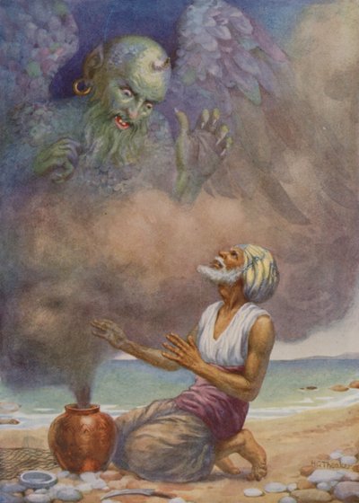 El genio escapa del jarrón (litografía en color) de Harry George Theaker