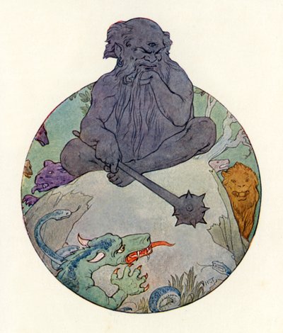 El Gran Gigante Negro frunció el ceño ante Sir Gawaine (litografía en color) de Harry George Theaker