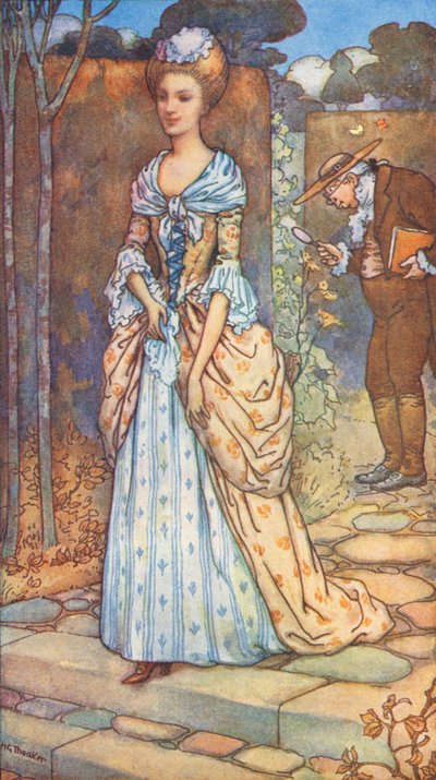 El rey y la dama, leyenda del reinado de la reina Ana (litografía en color) de Harry George Theaker