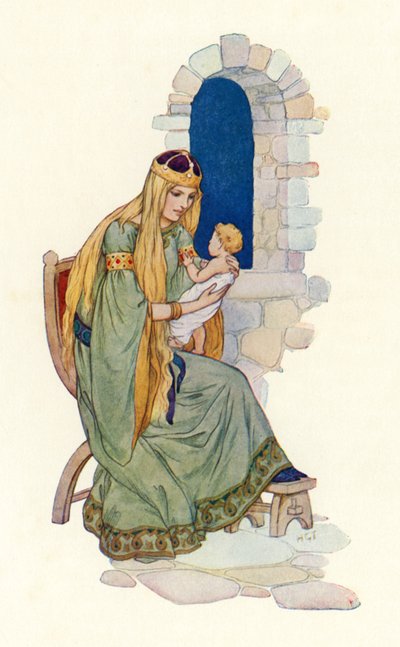 La reina con el pequeño Lancelot (litografía en color) de Harry George Theaker