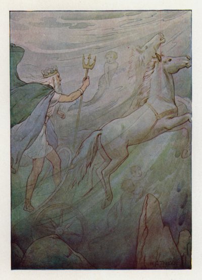 El Rey del Mar en su carro brillante, tirado por caballos verdes (litografía en color) de Harry George Theaker