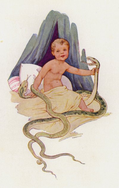 El niño Hércules estrangula a las serpientes (litografía en color) de Harry George Theaker