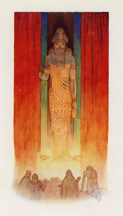 El dios principal de los filisteos era un dios-pez (litografía en color) de Harry George Theaker