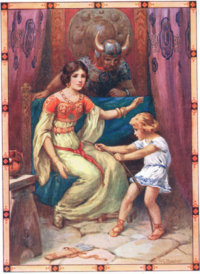 El niño mostraba signos de gran fuerza (del Tirano de las Islas) (litografía en color) de Harry George Theaker