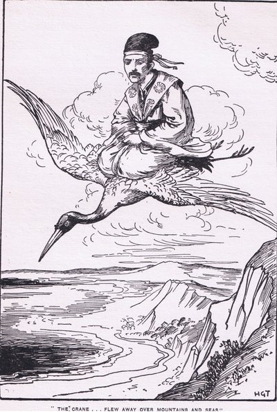 La grulla voló sobre montañas y mares (de la Historia de Sentaro) (litografía) de Harry George Theaker
