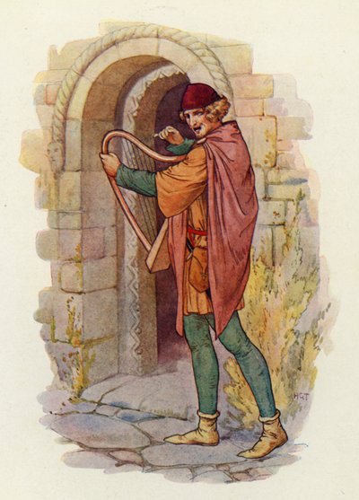 La fama de Robin Hood se extendió por todos los condados de Midland, incluso hasta el mismo Londres, y las baladas de sus hazañas comenzaron a cantarse (litografía en color). de Harry George Theaker