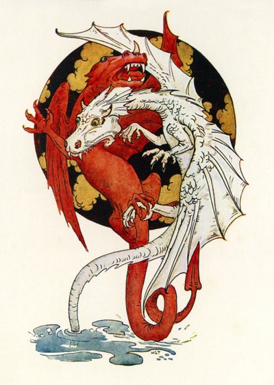 La lucha entre los dragones (litografía en color) de Harry George Theaker