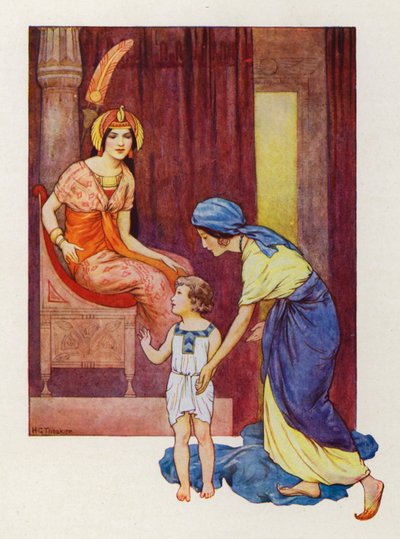La madre de Moisés lo llevó a la Princesa (litografía en color) de Harry George Theaker