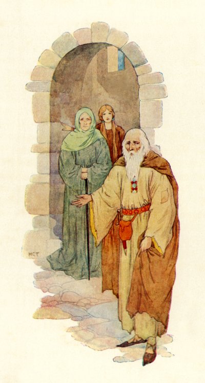 El anciano invita al caballero a entrar en el palacio en ruinas (litografía en color) de Harry George Theaker
