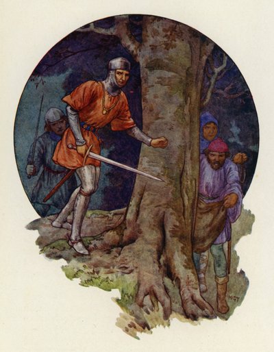 "¡Por fin los forajidos!" gritó el Sheriff, y con la espada desenvainada corrió hacia donde habían desaparecido las figuras (litografía en color) de Harry George Theaker