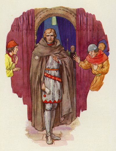 El palmer echó hacia atrás su capucha, y su túnica, abriéndose, le mostró en armadura completa (litografía en color) de Harry George Theaker