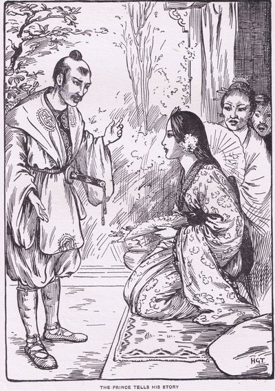 El príncipe cuenta su historia (de la Hija de la Luna) (litografía) de Harry George Theaker