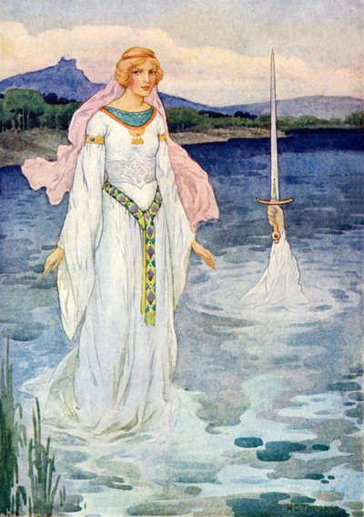 La espada y la Dama del Lago (litografía en color) de Harry George Theaker