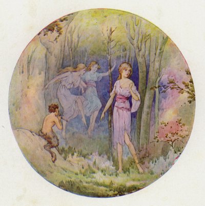Las ninfas del bosque que bailaban a la luz del sol y de la luna (litografía en color) de Harry George Theaker