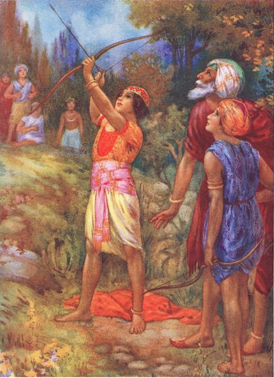 "Entonces grita", gritó el anciano de mala gana. De los hermanos aventureros, ilustración de "Cuentos infantiles de leyendas indias", años 30 (litografía en color). de Harry George Theaker