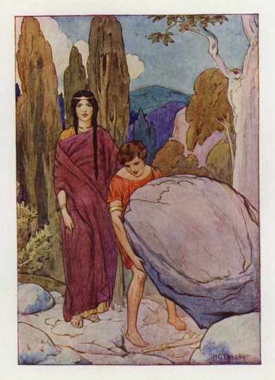 Teseo levantando la gran roca, bajo la cual yacían la espada y las sandalias (litografía en color) de Harry George Theaker