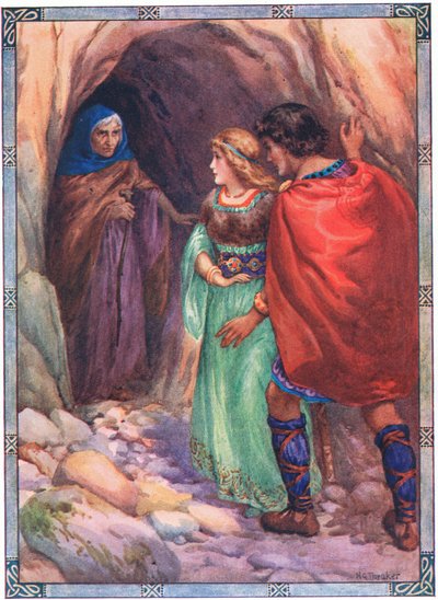 Llegaron a una cueva junto al mar (de Diarmud y Grania) (litografía en color) de Harry George Theaker