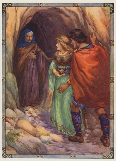 "Llegaron a una cueva junto al mar", Diarmuid y Grania (litografía en color) de Harry George Theaker
