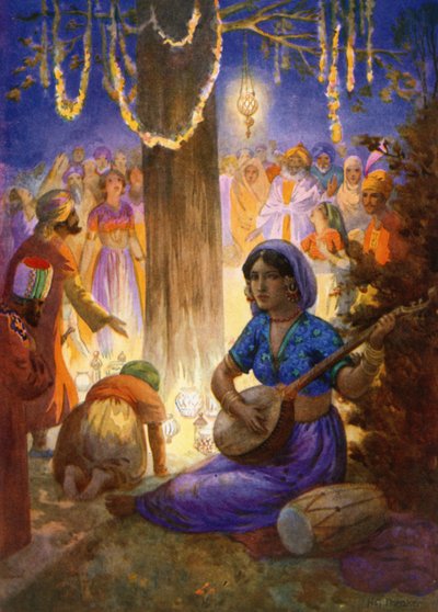 "Vinieron con guirnaldas, lámparas y música" (litografía en color) de Harry George Theaker