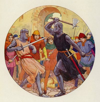 Tres veces empujó Isambart, y tres veces el empuje fue amplio (litografía en color) de Harry George Theaker