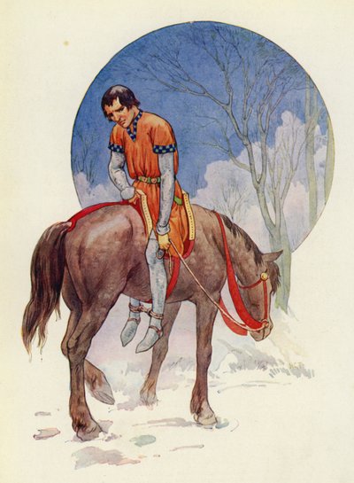 Así, Guy se alejó, mirando hacia ellos, con los pies fuertemente atados bajo el caballo (litografía en color) de Harry George Theaker