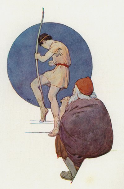Ulises observó a los nobles mientras intentaban, uno tras otro, doblar el gran arco (litografía en color) de Harry George Theaker