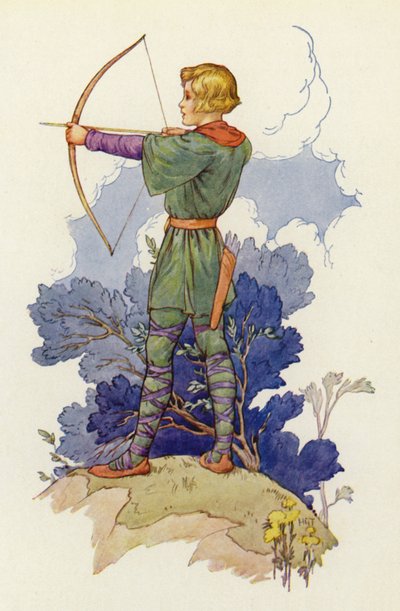 "El joven Waltheof es ahora un buen gallo joven", dijo Much, "jurando que será el hombre de Robin Hood cuando crezca" (litografía en color). de Harry George Theaker