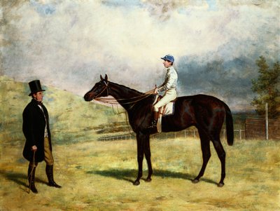 Un caballero con su caballo de carreras y jockey en un hipódromo, 1863 de Harry Hall