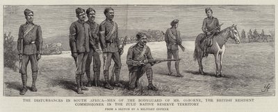 Los disturbios en Sudáfrica, hombres de la guardia del cuerpo del Sr. Osborne, el comisionado residente británico en el territorio de la reserva nativa zulú de Harry Hamilton Johnston