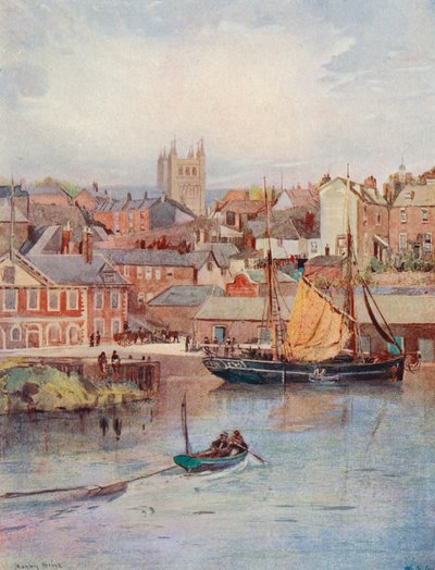 The Quay, Exeter, con las torres de la catedral (litografía en color) de Harry Hine