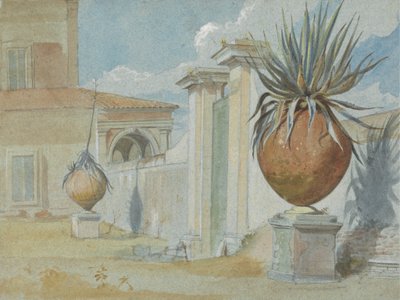 Villa Massimi, Roma: Puerta flanqueada por palmeras en grandes tinajas de barro de Harry John Johnson