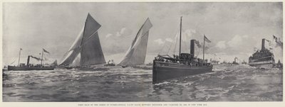 Primera carrera de la serie de regatas internacionales entre Defender y Valkyrie III de Harry M. Pettit