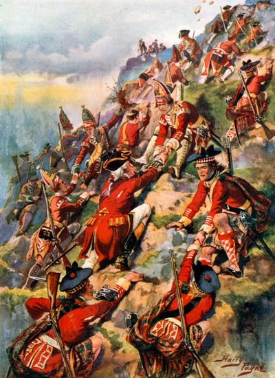 Escalando las alturas de Abraham. Batalla de Quebec (litografía en color) de Harry Payne